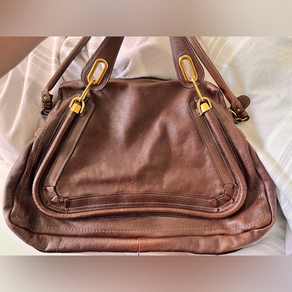 Chloe paraty 2-way large bag work bag glossy brown leather shoulder strap gold